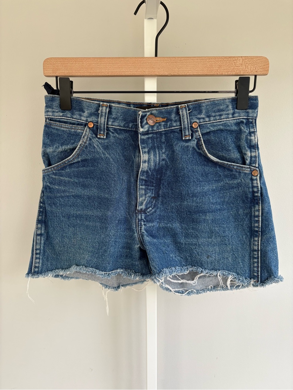 Reformation x Wrangler Denim Shorts Blue High Rise Raw Hem Size 24